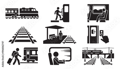 Train travel railway transportation and passenger station silhouette icon set