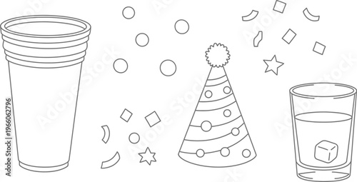 Celebratory party drinks with festive confetti and party hat illustration Vector
