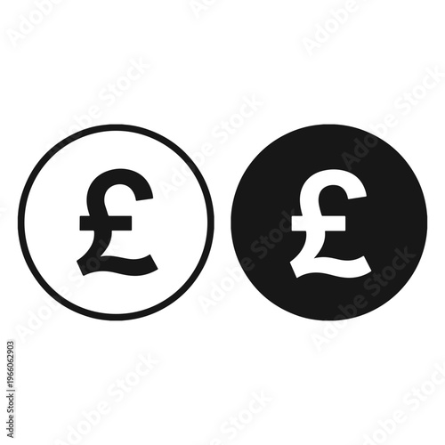 British Pound Sterling Circle Icon Set Black White Vector Currency Finance Symbol
