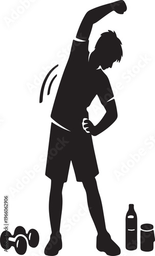 A silhouette of a man dynamically stretching his side while weights and water bottles lie nearby high quality professional detailed modern elegant