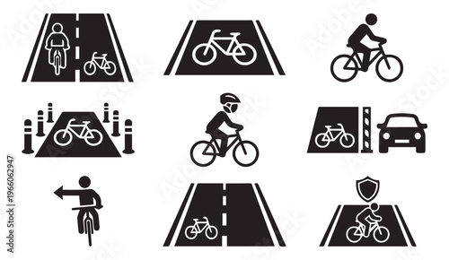 Bike lane and cycling road safety icons for urban transportation planning