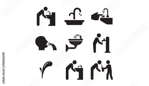 Drinking water fountain and faucet icons for public health and hygiene