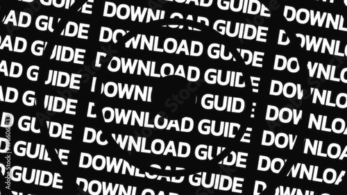 Rotating circular text animation displaying download guide phrase arranged in concentric motion with central empty space for overlay content.