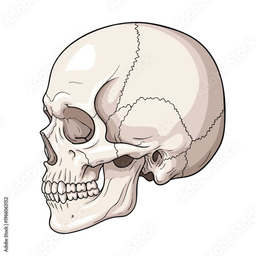 A detailed side view of a human skull vector illustration with realistic shading and cracked surface textures, set against a plain background, emphasizing anatomical accuracy.