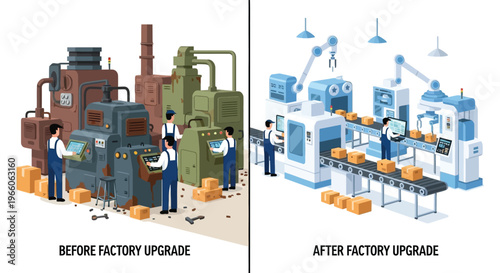 A visual comparison showcases factory transformation depicting outdated versus modern automated systems in silhouette high quality professional detailed elegant stylish clean