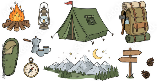 Camping icon set with tent, backpack, campfire, sleeping bag and mountains, outdoor adventure, hiking, forest travel, camping by the lake, vacation, holiday, vector, isolated, no background