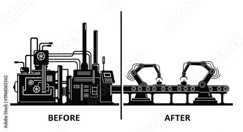 Industrial transformation from traditional machinery to automated robotic arms is visually represented in this black and white silhouette high quality professional