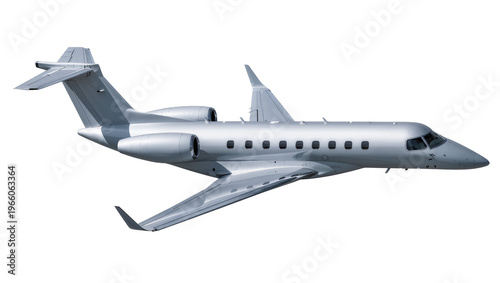 Sleek silver private jet aircraft, isolated on transparent background for luxury flights
