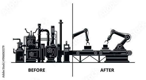 A stark before and after illustration depicts industrial evolution showcasing manual processes transitioning to automated robotic systems silhouette high quality professional detailed modern