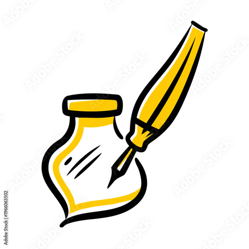 Vintage style inkwell and feather quill pen outline drawing with yellow accents