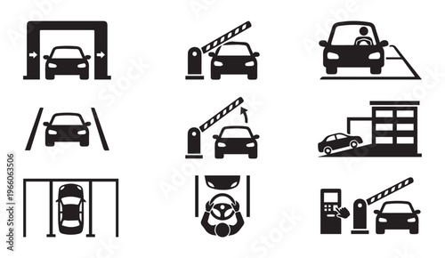 Car wash and parking entrance barrier gate icons set