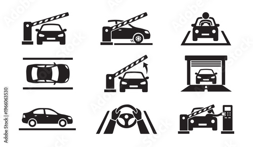Car parking icons showing automatic gates and secure garage access systems