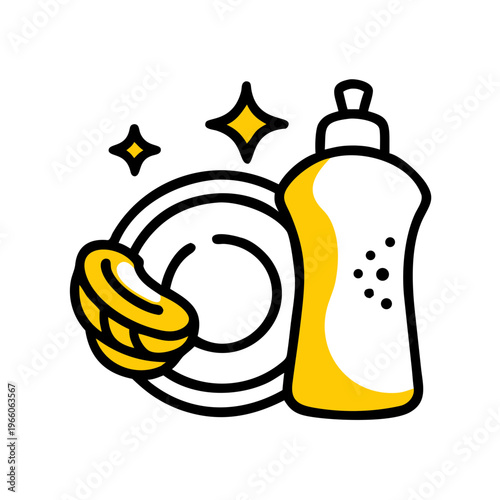 Dishwashing liquid, sponge, and clean plates for kitchen hygiene and household chores
