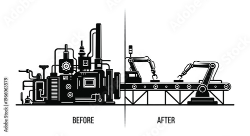 A stark contrast depicting industrial evolution from complex machinery to streamlined automation presented in a bold silhouette high quality professional detailed