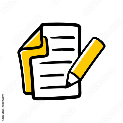 Icon of paper with lines and pencil for writing, note taking or creative concept