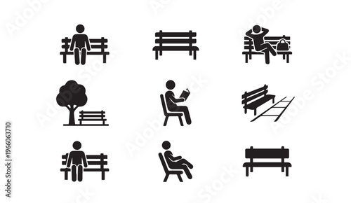 People sitting on park benches and resting icons set