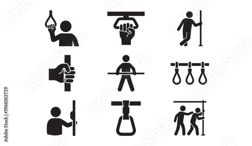 Passengers holding onto bus and train handles icons set