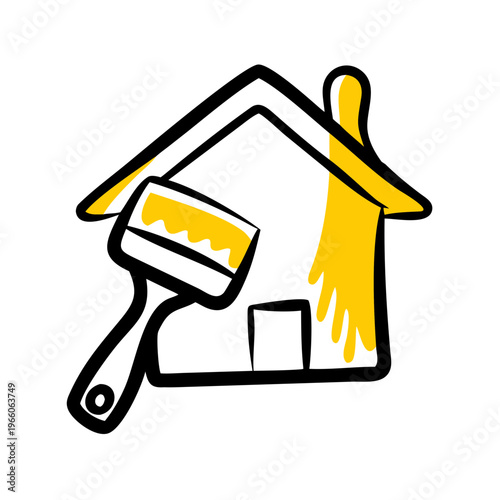 Home painting icon, house being painted with a brush, renovation and improvement concept