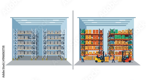 A comparative illustration of an empty and fully stocked warehouse showcasing logistical operations in a flat style silhouette high quality professional