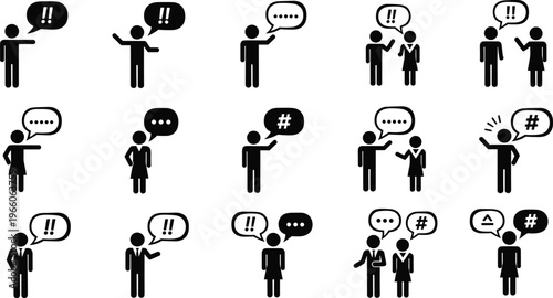 Communication pictogram silhouettes with speech bubbles, conversation vector illustration, dialogue artwork, social interaction design, expressive symbol pattern