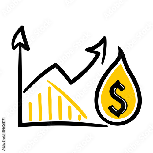 Oil price increase icon, financial graph with dollar sign in oil drop, energy market
