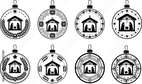 Christmas nativity ornament silhouettes with Mary Joseph baby Jesus, festive holiday vector illustration, religious decoration artwork, seasonal Christian design pattern