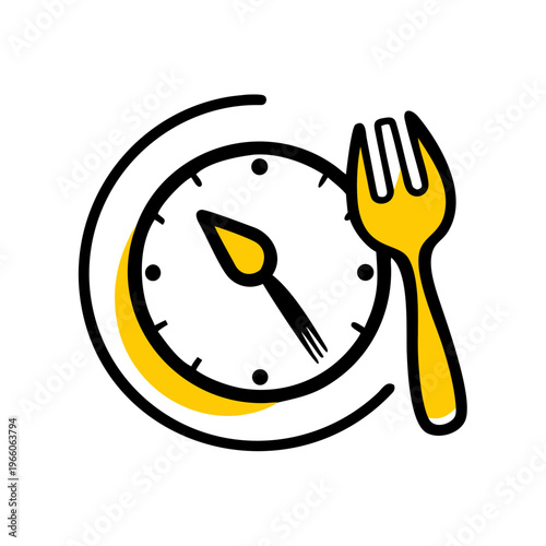 Clock with fork and plate, mealtime concept, food and dining symbol