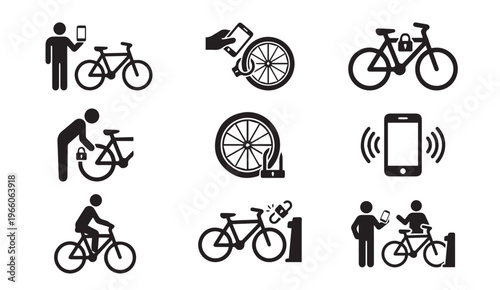 Bicycle sharing and smart bike rental icons for urban mobility
