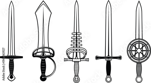 Historic sword silhouettes with unique blade hilt guard designs, weapon vector illustration, medieval artwork, combat design pattern, warrior symbol