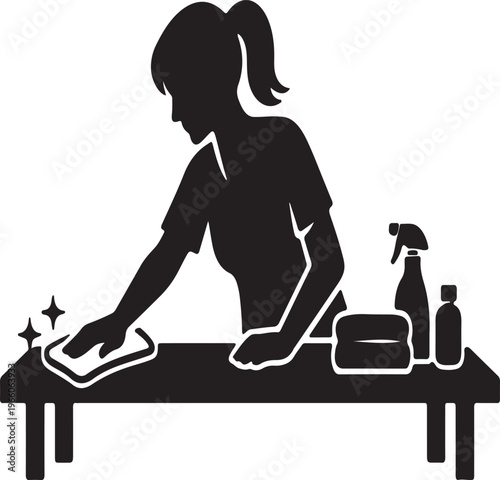 A silhouetted image depicts a woman cleaning a table with spray and cloths suggesting household chores and hygiene high quality professional detailed