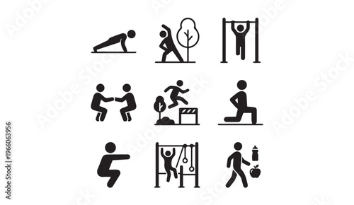 Outdoor fitness and workout icons set for gym and park exercise