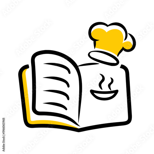 Open cookbook with chef hat and steam from bowl