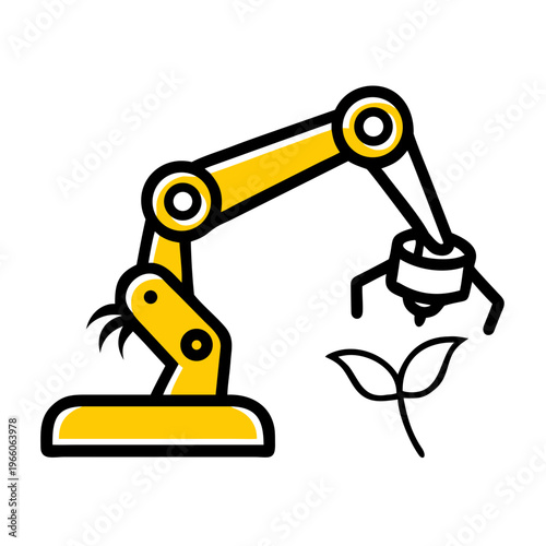 Industrial robotic arm lifting small green sprout representing smart farming and automation tech