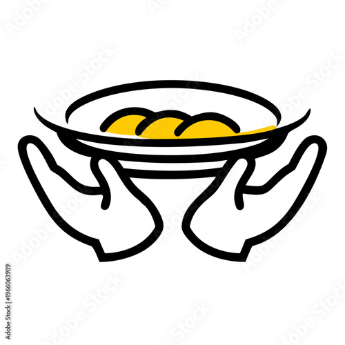 Two hands holding plate with yellow dumplings or buns showing hospitality and food service icon