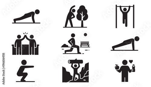 Fitness and workout exercise icons set featuring stick figure people training