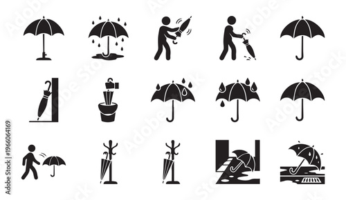 Umbrella and rainy weather icons set featuring stick figure people accessories