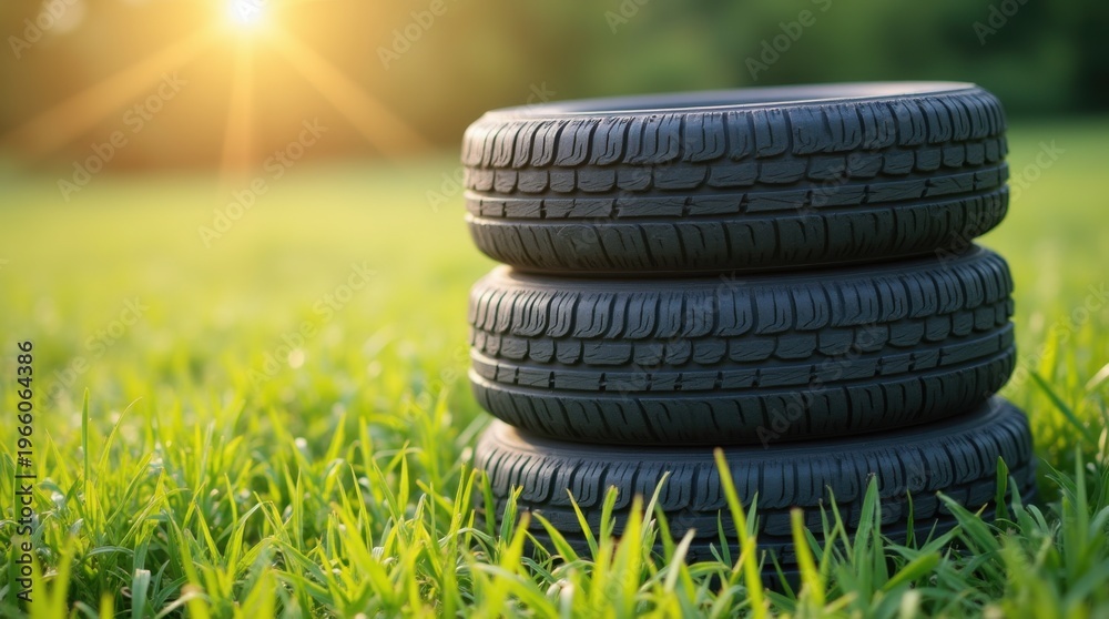 Obraz premium Four summer tires neatly stacked outdoors sunny day green grass background ready for season change 