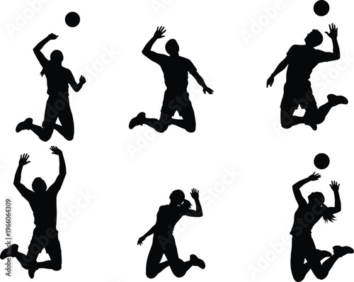 Volleyball player silhouettes jumping with ball spiking serving setting, sports vector illustration, athletic action artwork, dynamic game design pattern
