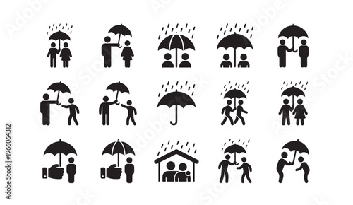 Umbrella protection and care icons set featuring stick people helping in rain