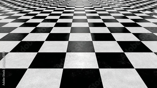 A black and white checkered floor stretches out to the horizon in a seamless pattern