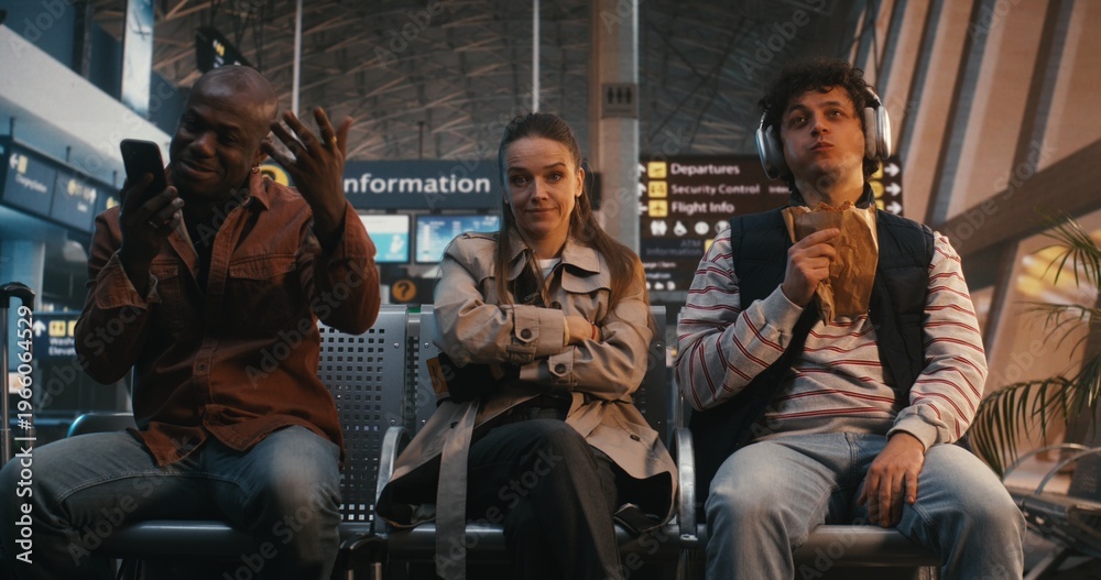 Fototapeta premium Young Stylish Woman Sits in Busy Airport Lounge, Visibly Uncomfortable Among Noisy Strangers. Concept of Social Anxiety, Struggle of Introvert in Public Spaces, and Need For Solitude in Crowd.