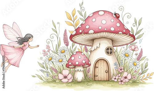 A vibrant cartoon illustration of red fly agaric mushrooms and brown fungi nestled in the forest grass, depicting a whimsical autumn nature scene with fantasy toadstool houses