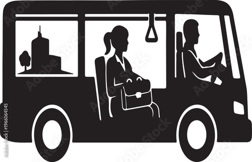 A silhouetted depiction of passengers inside a public bus viewing a cityscape through the front window high quality professional detailed modern elegant