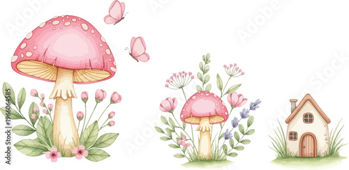 Whimsical illustration of pink mushrooms and tiny house in garden with flowers and butterflies