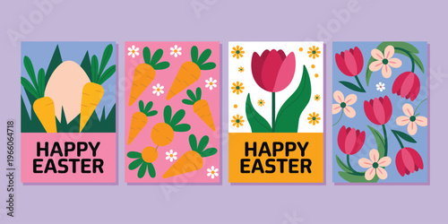 Four vibrant Easter greeting cards with floral and bunny