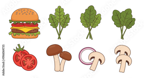 A colorful cartoon illustration depicts a burger alongside various vegetable components in a flat style silhouette high quality professional detailed modern