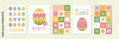 Five colorful Easter greeting card with eggs and bunnies