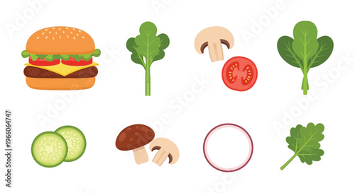 A colorful arrangement of a burger vegetables and fruit depicted in a flat illustrative style silhouette high quality professional detailed modern