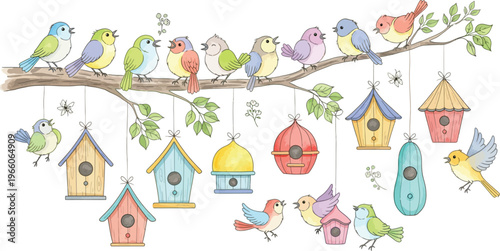 Colorful illustration of birds perched on a tree branch and various hanging birdhouses and bird feeders scene