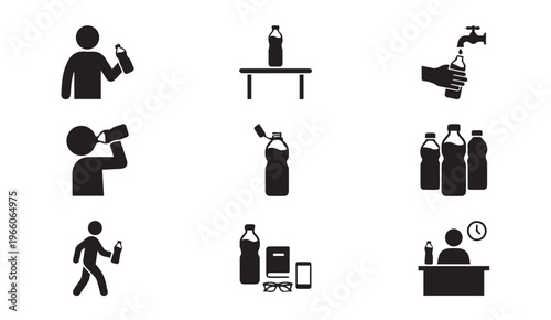Drinking water and hydration habit icons
